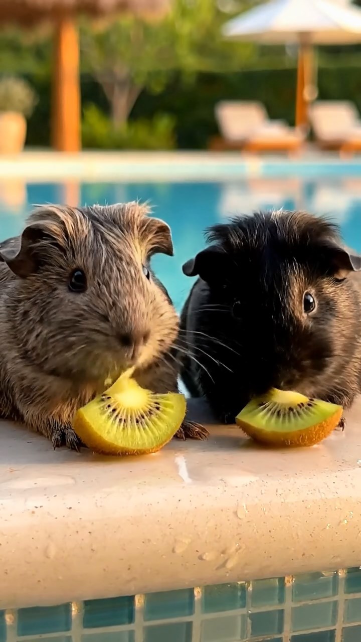 1795. Detailed photo of 2 smooth-haired Teddy guinea pigs in gray and black colors, nibbling on kiwi slices, by a edge tub hot resort.