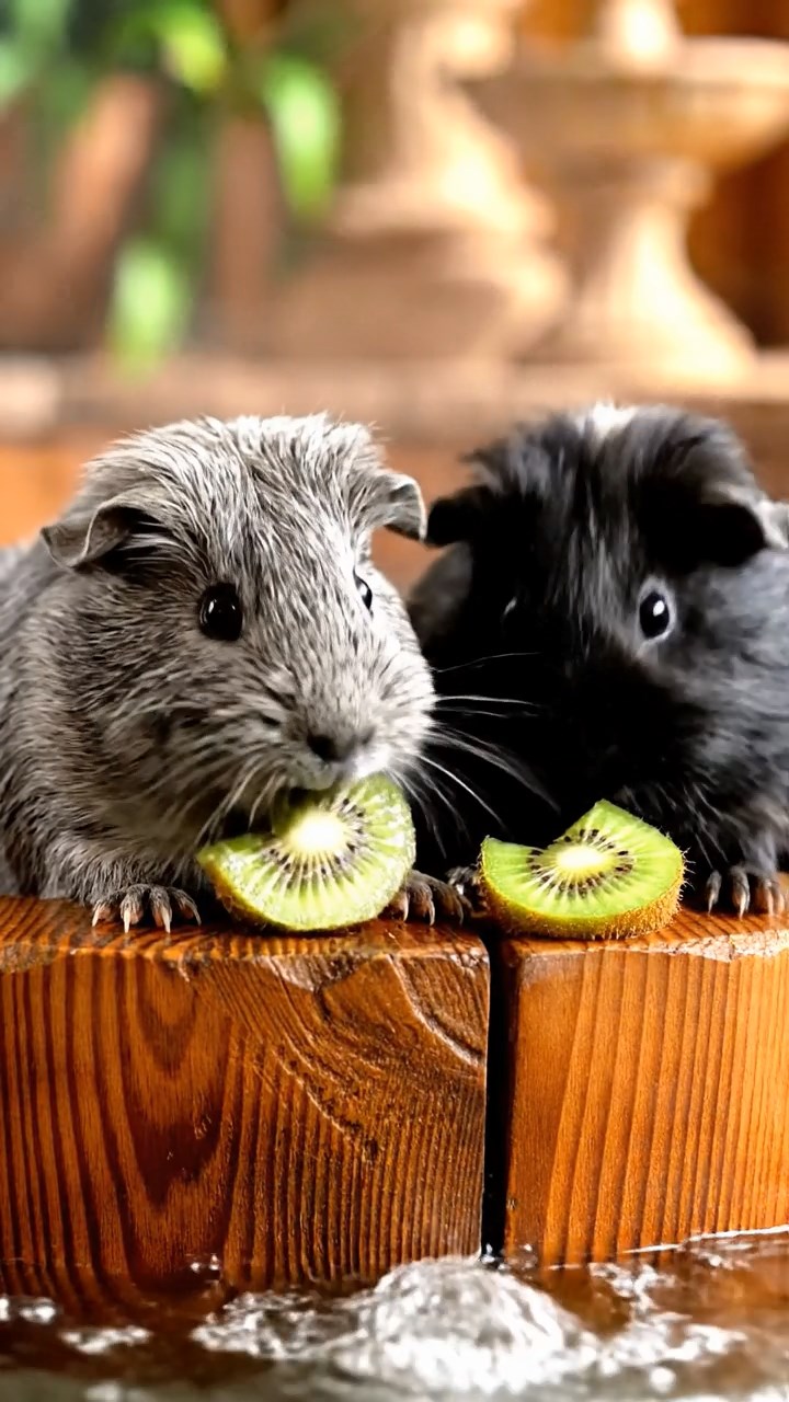 1795. Detailed photo of 2 smooth-haired Teddy guinea pigs in gray and black colors, nibbling on kiwi slices, by a edge tub hot resort.