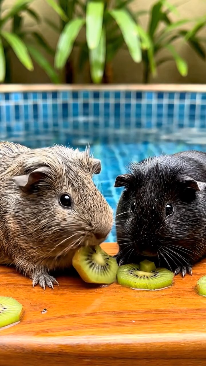 1795. Detailed photo of 2 smooth-haired Teddy guinea pigs in gray and black colors, nibbling on kiwi slices, by a edge tub hot resort.
