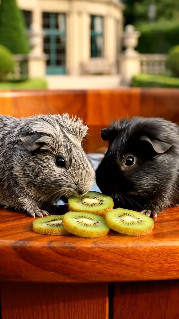 1795. Detailed photo of 2 smooth-haired Teddy guinea pigs in gray and black colors, nibbling on kiwi slices, by a edge tub hot resort.
