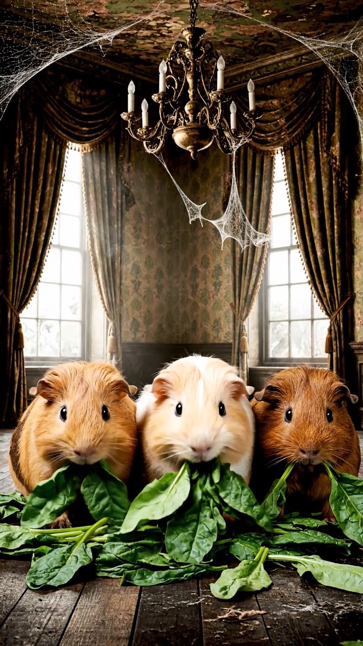1796. Photorealistic image of 3 smooth-haired Texel guinea pigs with brown, cream, and fawn fur, chewing on spinach bunches, in a parlor mansion haunted.