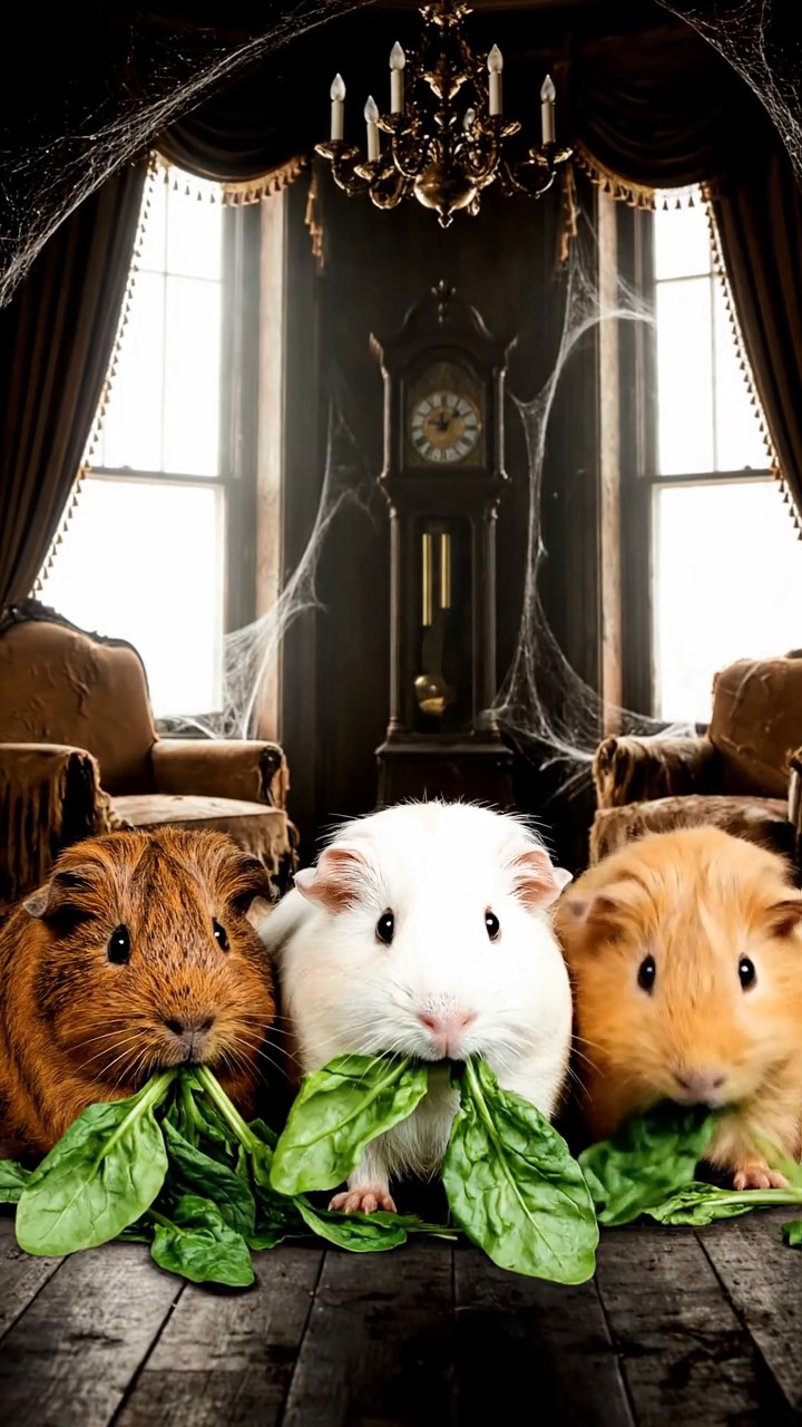 1796. Photorealistic image of 3 smooth-haired Texel guinea pigs with brown, cream, and fawn fur, chewing on spinach bunches, in a parlor mansion haunted.