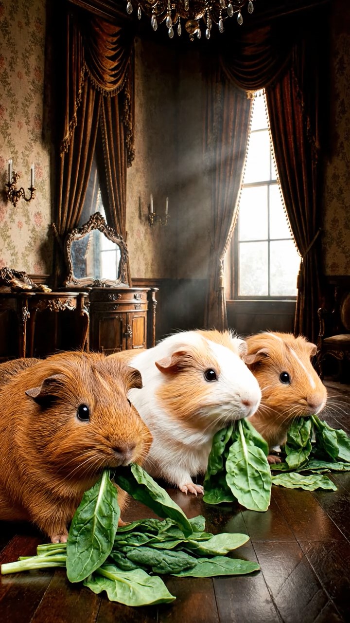 1796. Photorealistic image of 3 smooth-haired Texel guinea pigs with brown, cream, and fawn fur, chewing on spinach bunches, in a parlor mansion haunted.