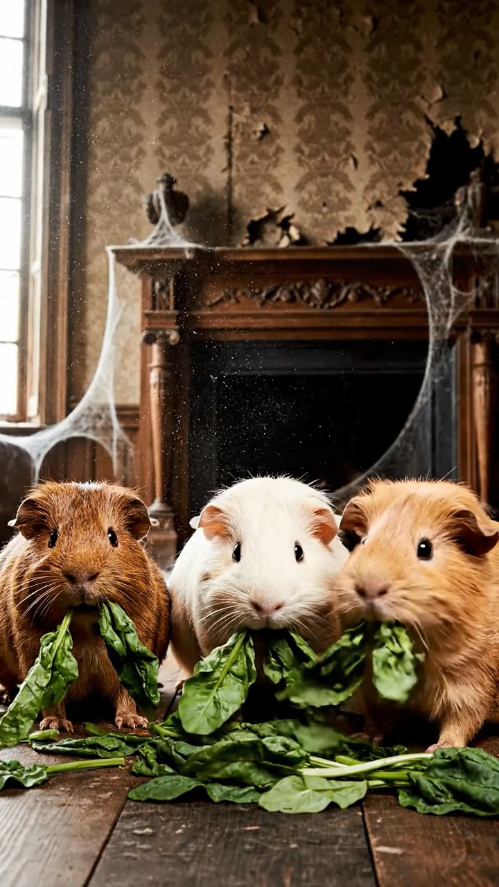 1796. Photorealistic image of 3 smooth-haired Texel guinea pigs with brown, cream, and fawn fur, chewing on spinach bunches, in a parlor mansion haunted.