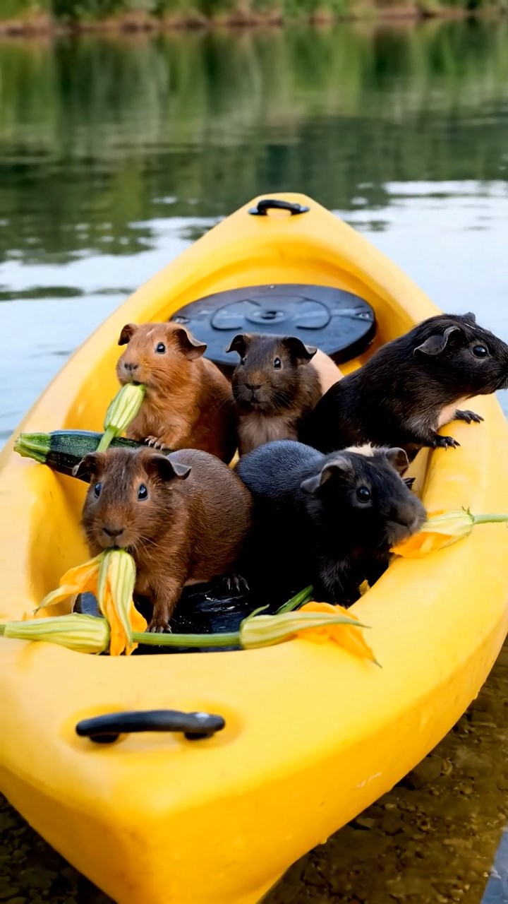 1797. Realistic scene of 5 smooth-haired Rex guinea pigs featuring chocolate, cinnamon, and sable coats, sharing zucchini flowers, inside a seat kayak whitewater.