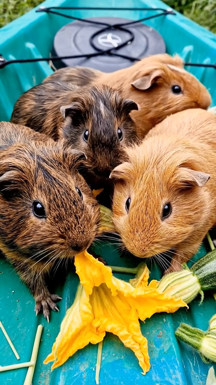 1797. Realistic scene of 5 smooth-haired Rex guinea pigs featuring chocolate, cinnamon, and sable coats, sharing zucchini flowers, inside a seat kayak whitewater.