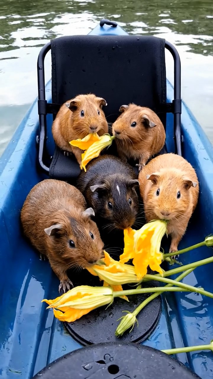 1797. Realistic scene of 5 smooth-haired Rex guinea pigs featuring chocolate, cinnamon, and sable coats, sharing zucchini flowers, inside a seat kayak whitewater.