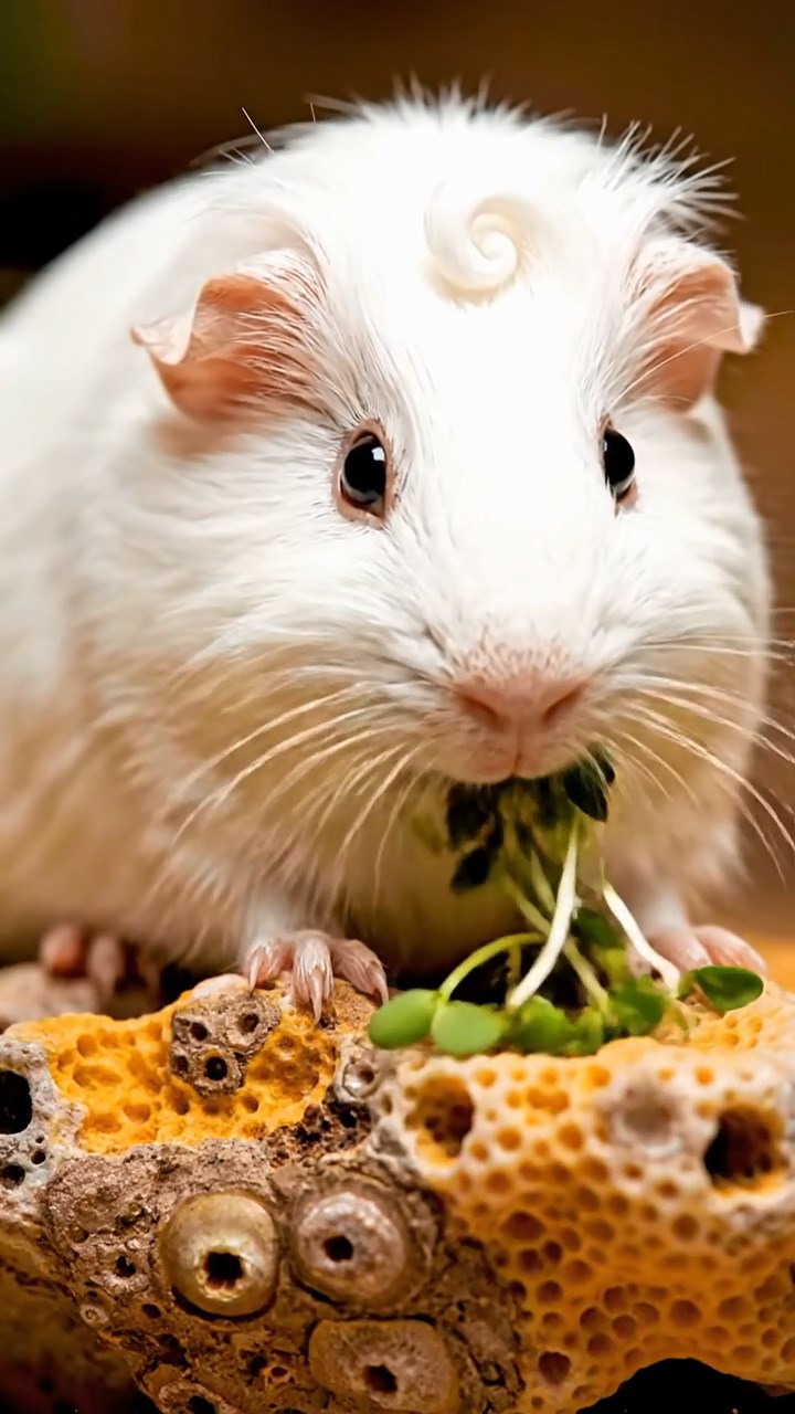 1798. Highly detailed view of 1 smooth-haired Coronet guinea pig with white fur, munching on alfalfa sprouts, on a outcrop coral reef.