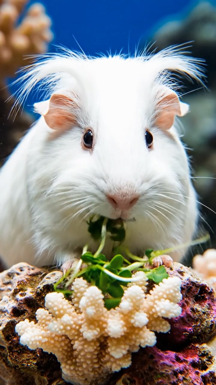 1798. Highly detailed view of 1 smooth-haired Coronet guinea pig with white fur, munching on alfalfa sprouts, on a outcrop coral reef.