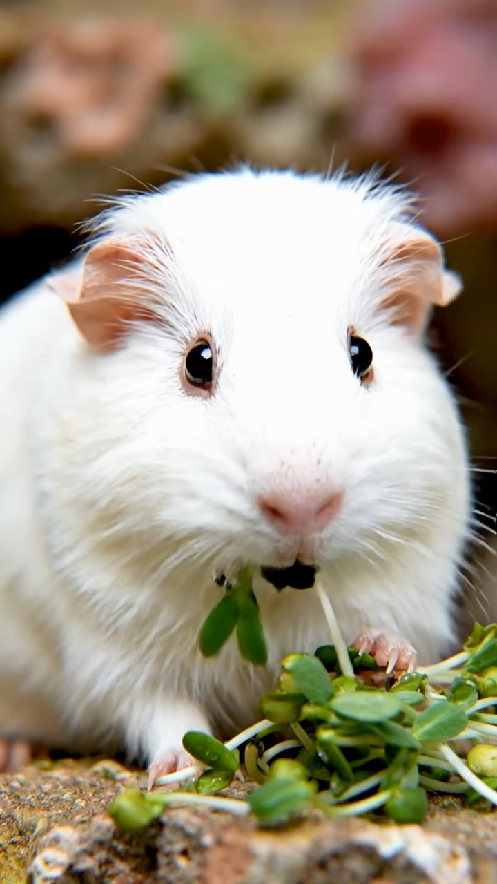 1798. Highly detailed view of 1 smooth-haired Coronet guinea pig with white fur, munching on alfalfa sprouts, on a outcrop coral reef.