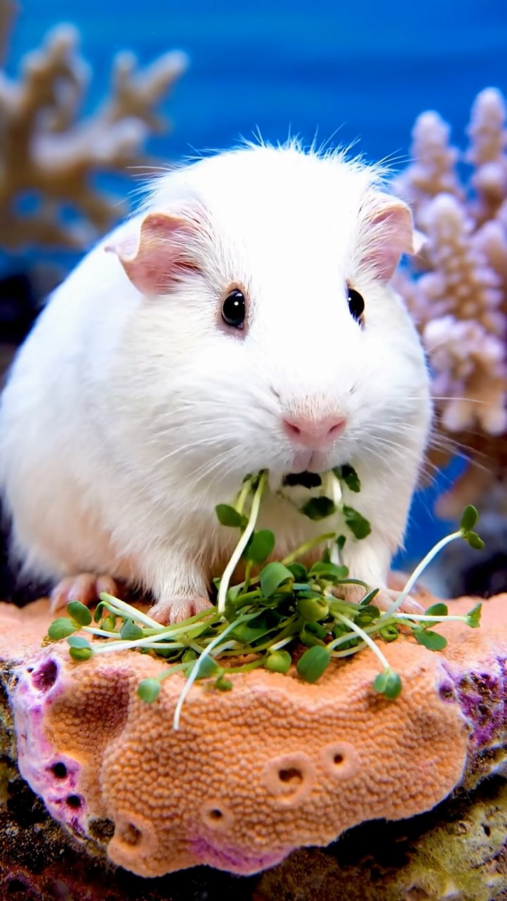 1798. Highly detailed view of 1 smooth-haired Coronet guinea pig with white fur, munching on alfalfa sprouts, on a outcrop coral reef.