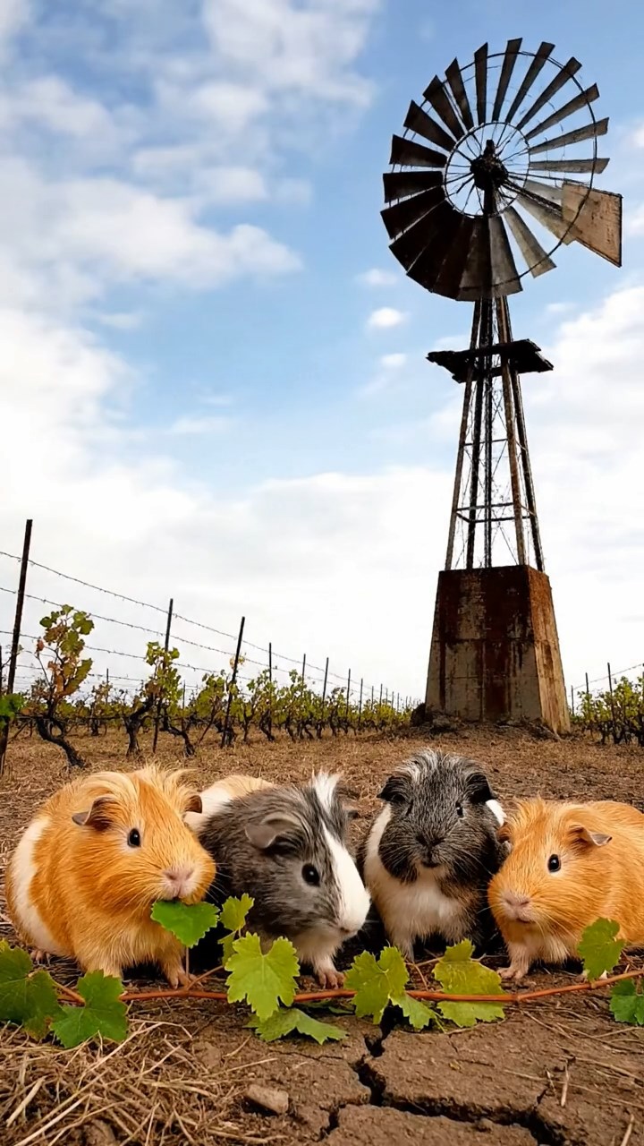 1799. Photorealistic photo of 4 smooth-haired White Crested guinea pigs with orange, gray, and black fur, eating grape vines, at a base turbine wind.