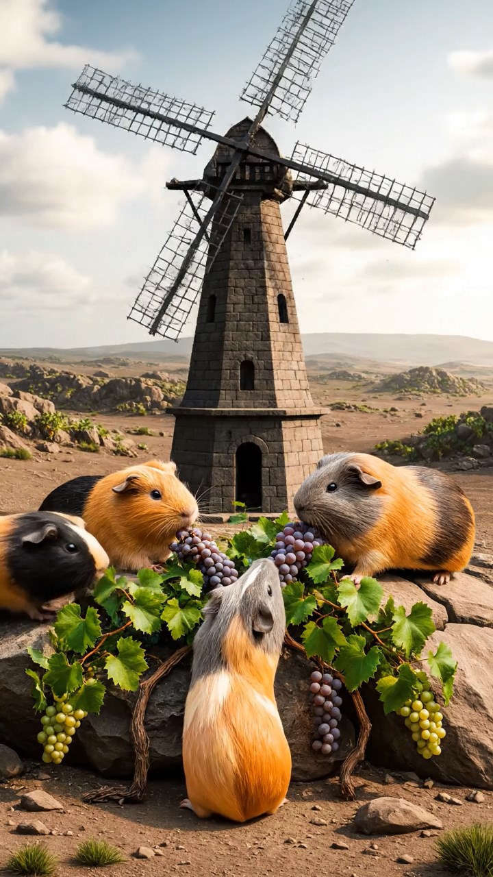 1799. Photorealistic photo of 4 smooth-haired White Crested guinea pigs with orange, gray, and black fur, eating grape vines, at a base turbine wind.