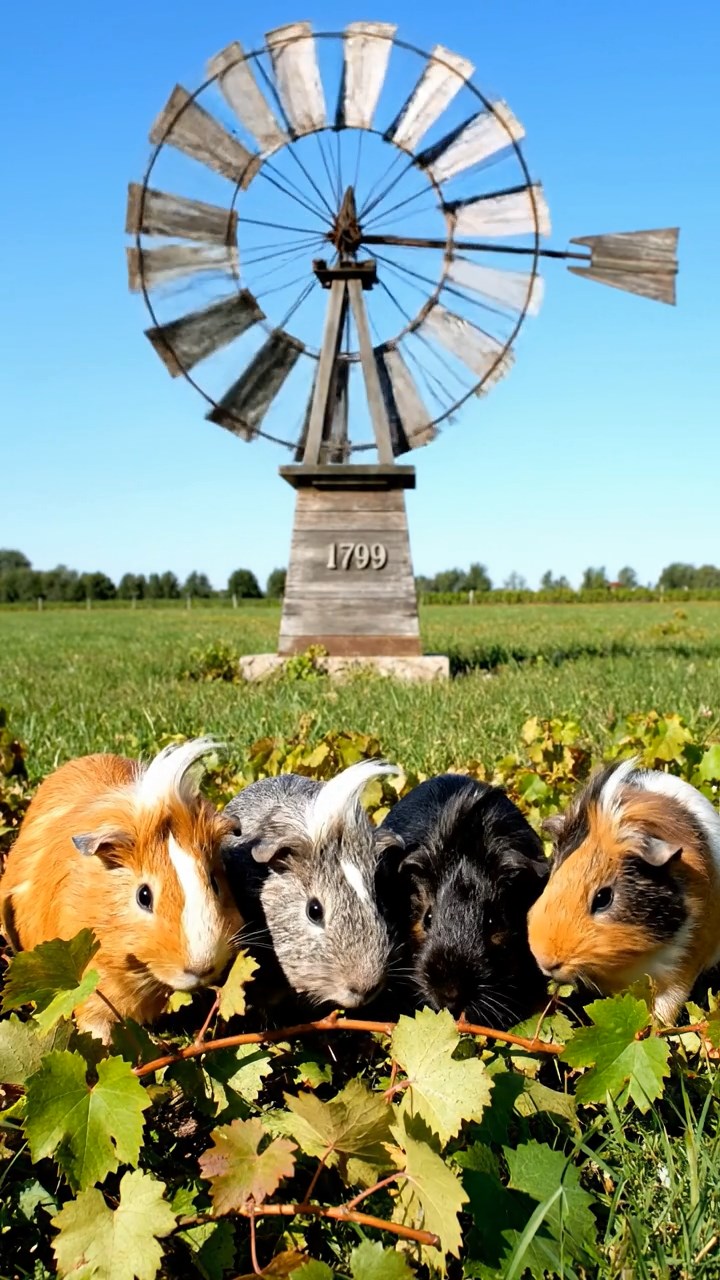 1799. Photorealistic photo of 4 smooth-haired White Crested guinea pigs with orange, gray, and black fur, eating grape vines, at a base turbine wind.