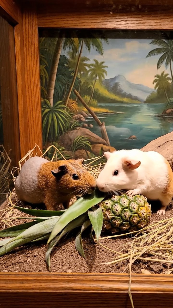 1800. Realistic depiction of 2 smooth-haired Skinny guinea pigs in brown and cream colors, nibbling on pineapple leaves, inside a case display museum.