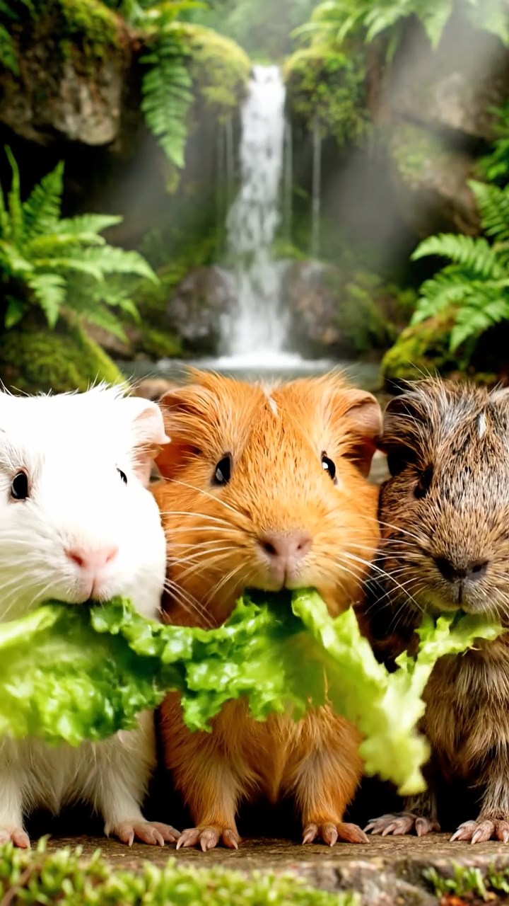 1801. A realistic close-up photo of 3 smooth-haired American guinea pigs with white, orange, and gray fur, eagerly munching on fresh lettuce leaves, in a misty enchanted waterfall glen with cascading streams and fern-covered rocks under soft morning light.