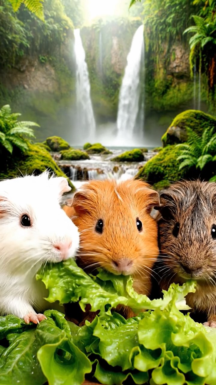 1801. A realistic close-up photo of 3 smooth-haired American guinea pigs with white, orange, and gray fur, eagerly munching on fresh lettuce leaves, in a misty enchanted waterfall glen with cascading streams and fern-covered rocks under soft morning light.