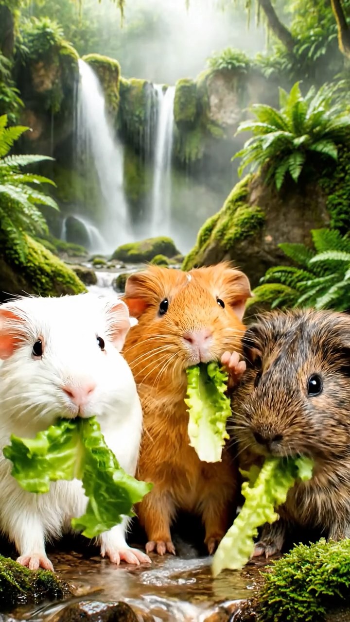 1801. A realistic close-up photo of 3 smooth-haired American guinea pigs with white, orange, and gray fur, eagerly munching on fresh lettuce leaves, in a misty enchanted waterfall glen with cascading streams and fern-covered rocks under soft morning light.