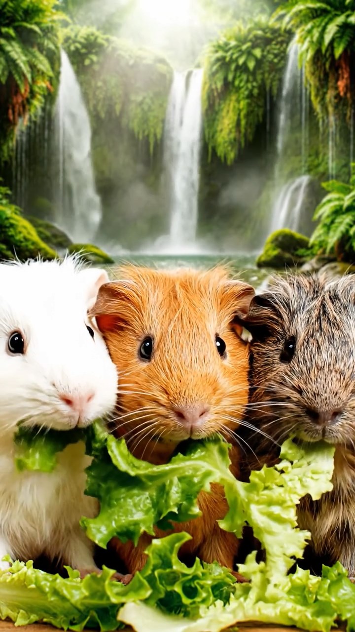 1801. A realistic close-up photo of 3 smooth-haired American guinea pigs with white, orange, and gray fur, eagerly munching on fresh lettuce leaves, in a misty enchanted waterfall glen with cascading streams and fern-covered rocks under soft morning light.