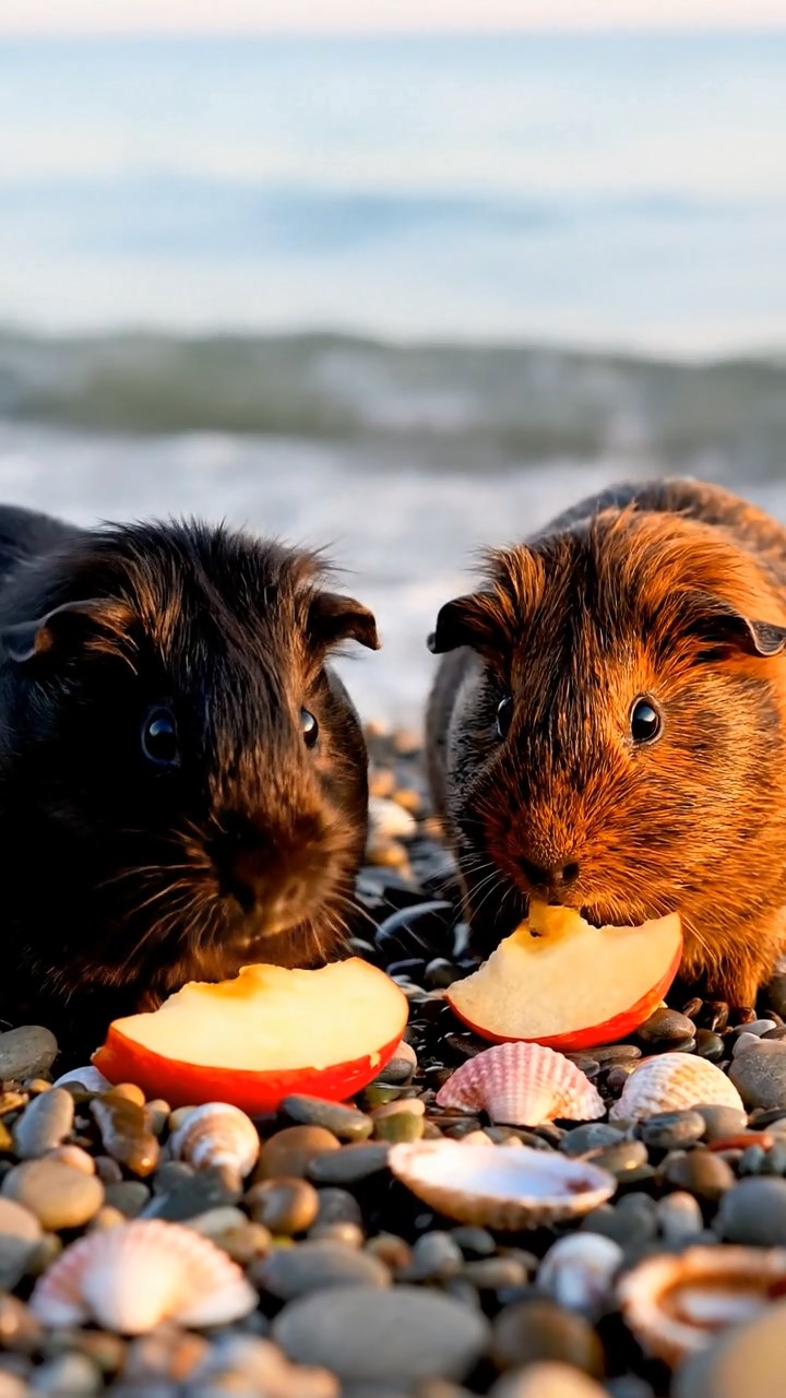 1802. Highly detailed realistic image of 2 smooth-haired Abyssinian guinea pigs featuring black and brown coats, nibbling on apple slices, on a secluded pebble beach cove with gentle waves and seashells scattered around under golden sunset.