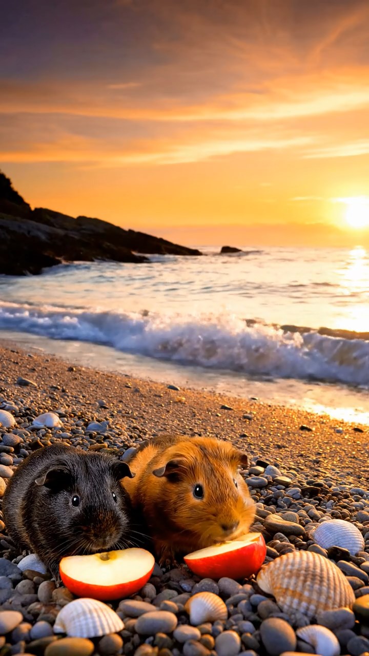 1802. Highly detailed realistic image of 2 smooth-haired Abyssinian guinea pigs featuring black and brown coats, nibbling on apple slices, on a secluded pebble beach cove with gentle waves and seashells scattered around under golden sunset.