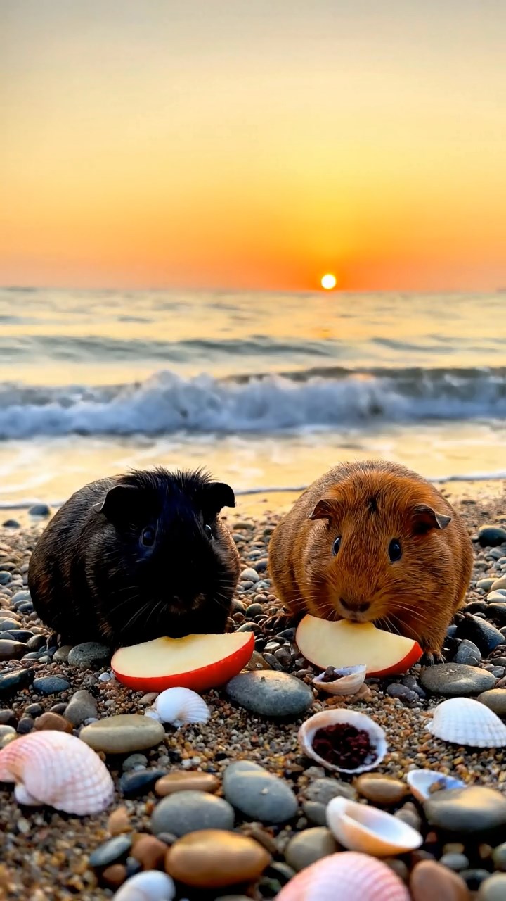1802. Highly detailed realistic image of 2 smooth-haired Abyssinian guinea pigs featuring black and brown coats, nibbling on apple slices, on a secluded pebble beach cove with gentle waves and seashells scattered around under golden sunset.