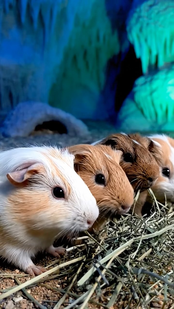 1803. Photorealistic scene of 4 smooth-haired Peruvian guinea pigs with cream, fawn, and chocolate fur, eating dried timothy hay, inside a glowing bioluminescent cave with shimmering walls and distant echoes.