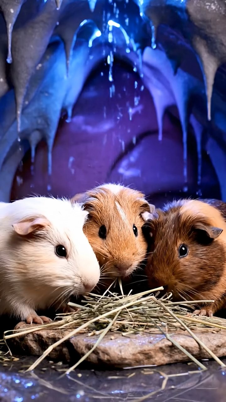 1803. Photorealistic scene of 4 smooth-haired Peruvian guinea pigs with cream, fawn, and chocolate fur, eating dried timothy hay, inside a glowing bioluminescent cave with shimmering walls and distant echoes.