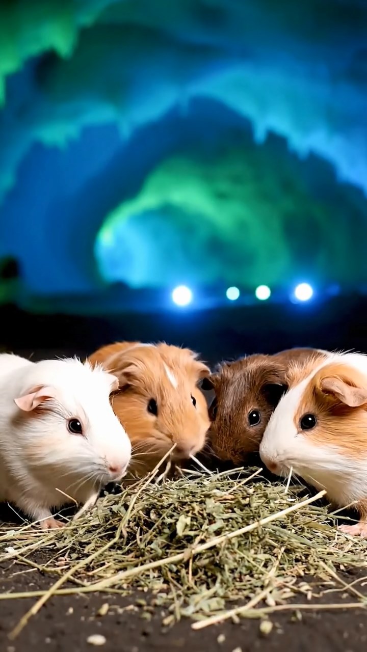 1803. Photorealistic scene of 4 smooth-haired Peruvian guinea pigs with cream, fawn, and chocolate fur, eating dried timothy hay, inside a glowing bioluminescent cave with shimmering walls and distant echoes.