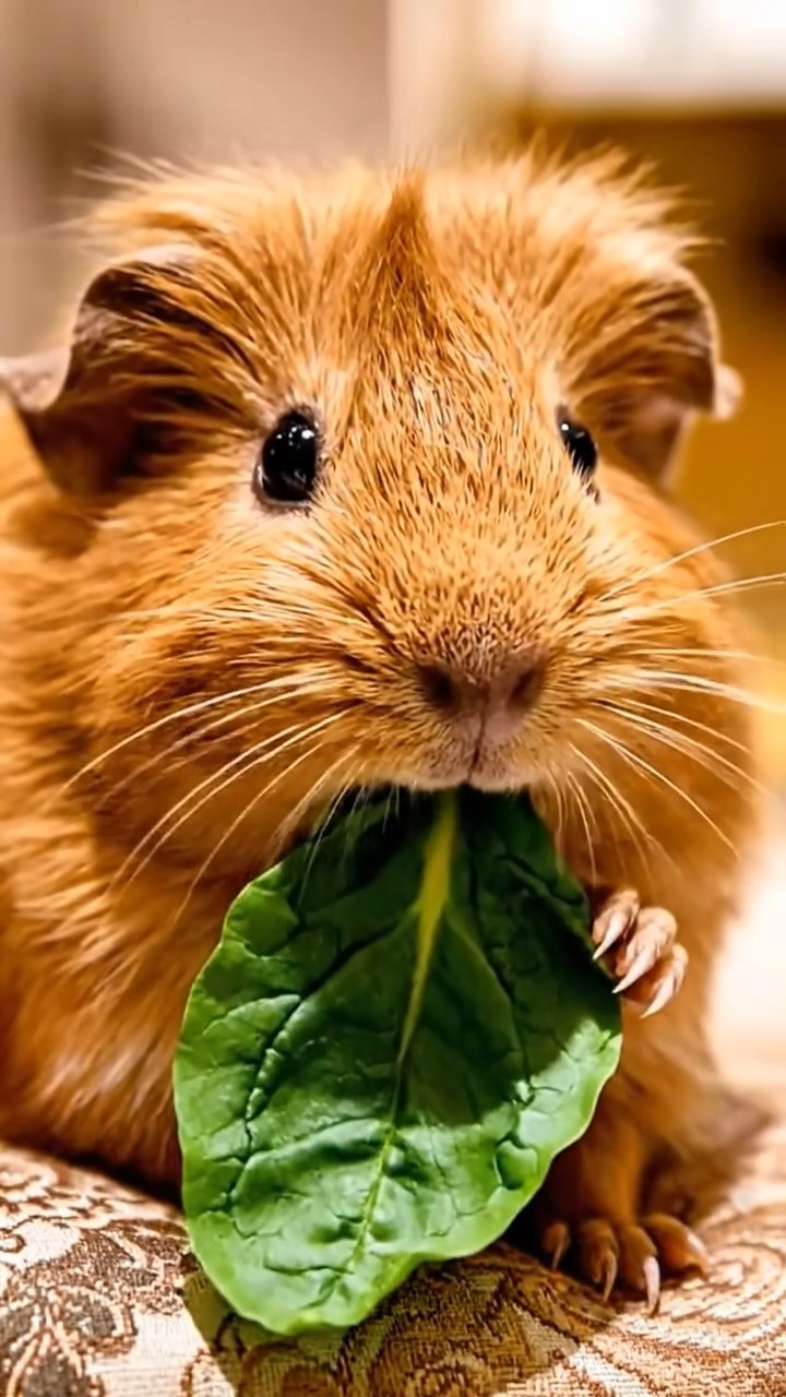 1804. Realistic depiction of 1 smooth-haired Silkie guinea pig with cinnamon fur, chewing on spinach leaves, in a crowded luxury mall boutique with marble floors and designer displays.