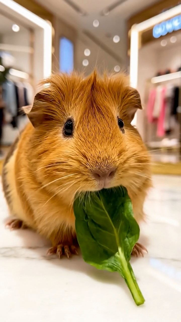 1804. Realistic depiction of 1 smooth-haired Silkie guinea pig with cinnamon fur, chewing on spinach leaves, in a crowded luxury mall boutique with marble floors and designer displays.