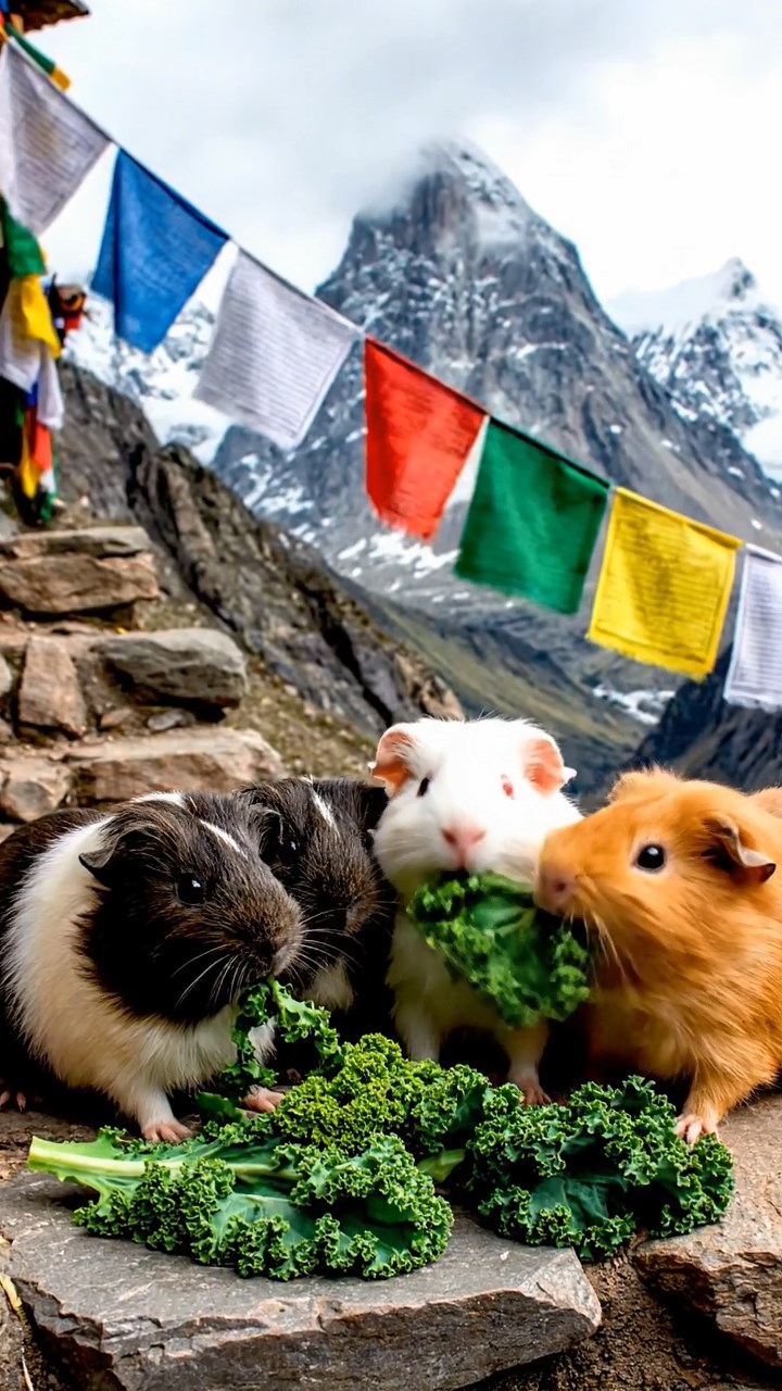 1805. Detailed realistic photo of 5 smooth-haired Teddy guinea pigs in sable, white, and orange colors, sharing kale greens, on a steep Himalayan trail ledge with prayer flags fluttering in the wind.