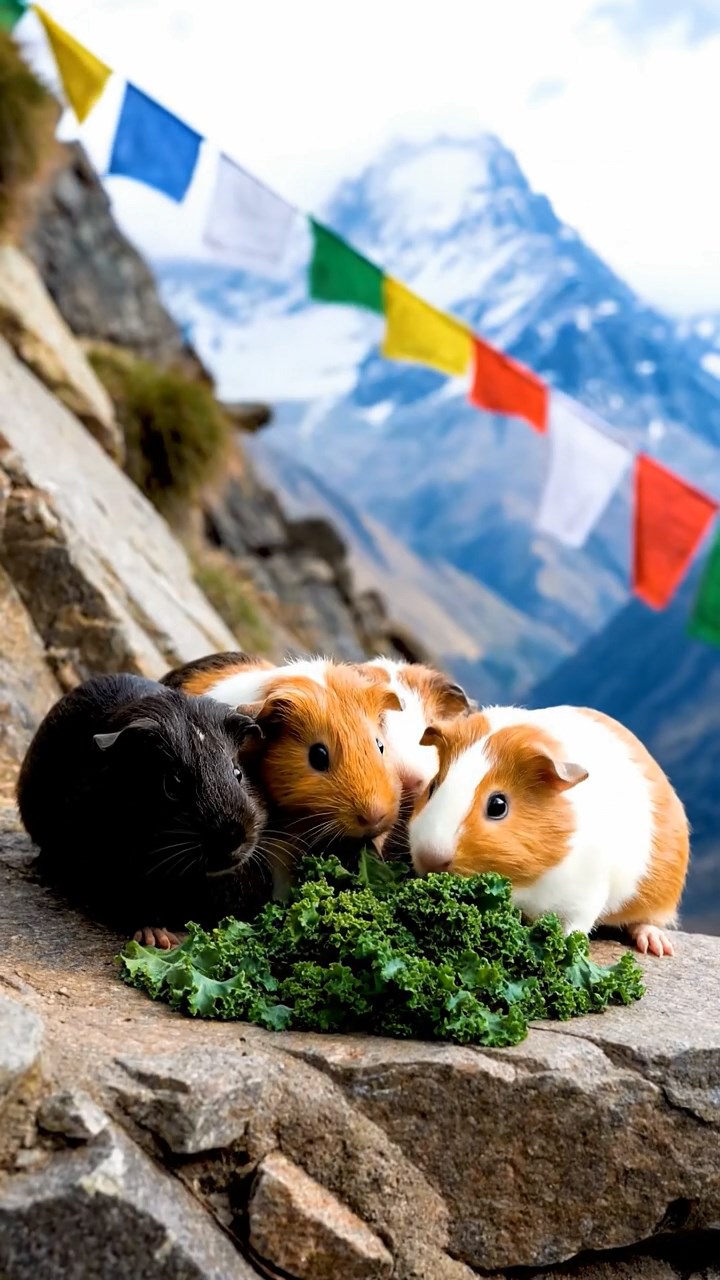 1805. Detailed realistic photo of 5 smooth-haired Teddy guinea pigs in sable, white, and orange colors, sharing kale greens, on a steep Himalayan trail ledge with prayer flags fluttering in the wind.