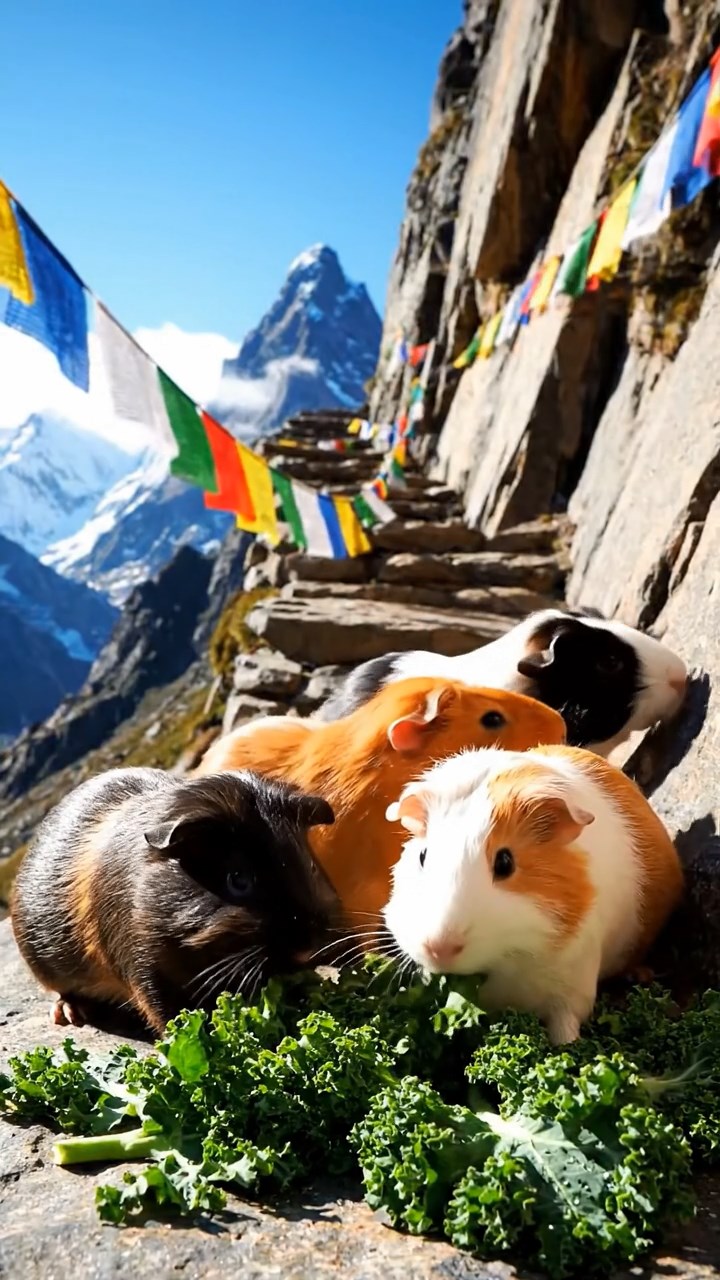 1805. Detailed realistic photo of 5 smooth-haired Teddy guinea pigs in sable, white, and orange colors, sharing kale greens, on a steep Himalayan trail ledge with prayer flags fluttering in the wind.