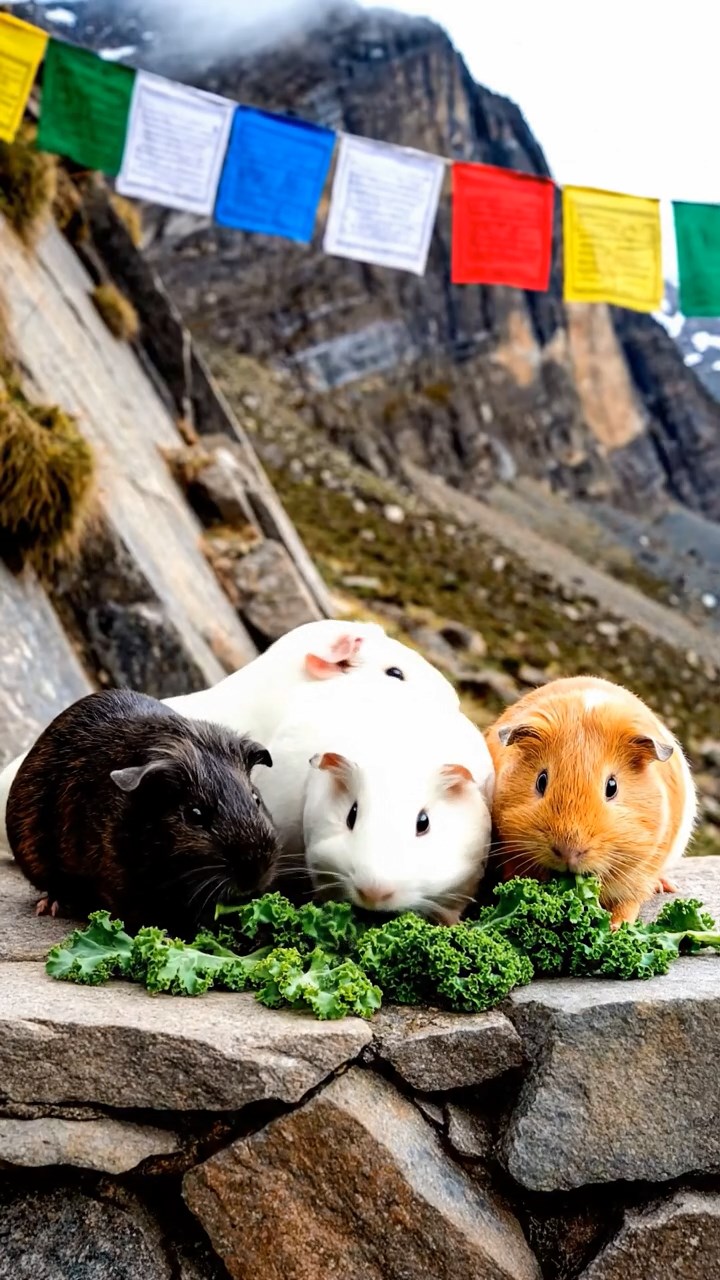 1805. Detailed realistic photo of 5 smooth-haired Teddy guinea pigs in sable, white, and orange colors, sharing kale greens, on a steep Himalayan trail ledge with prayer flags fluttering in the wind.