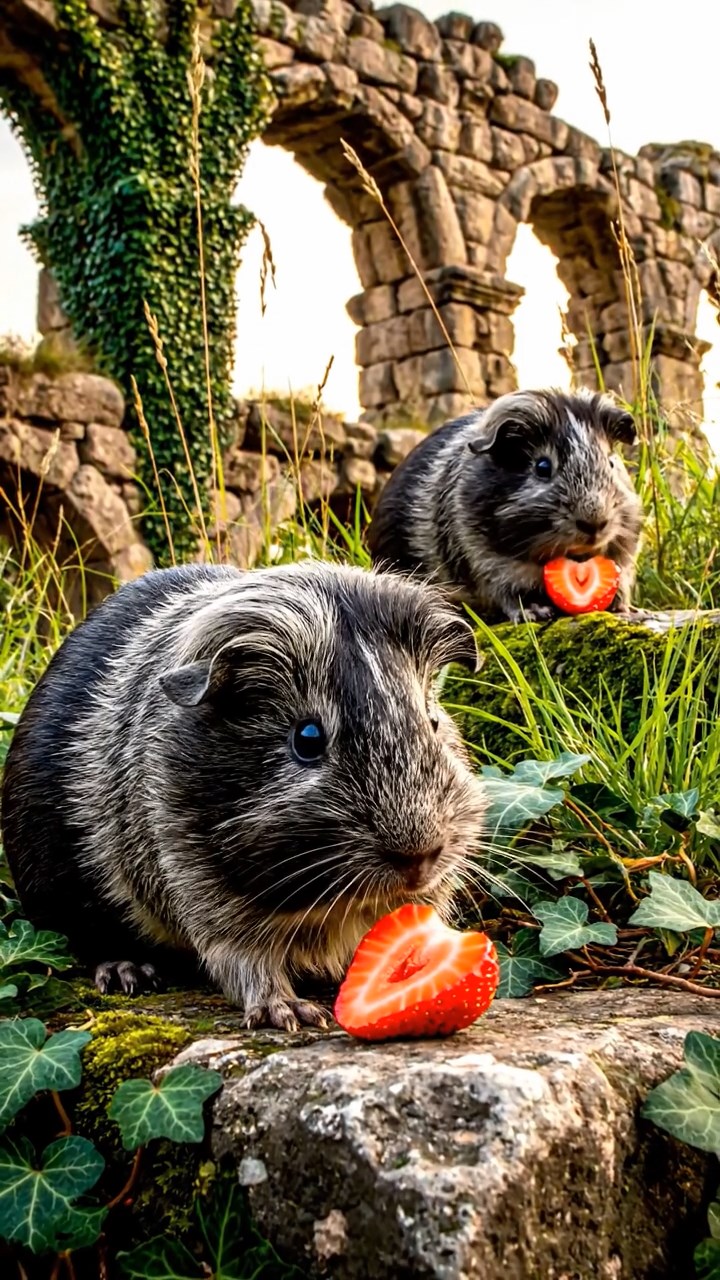 1806. Photorealistic view of 2 smooth-haired Texel guinea pigs with gray and black fur, enjoying strawberry halves, amid crumbling Roman aqueduct ruins with ivy and wild grasses.