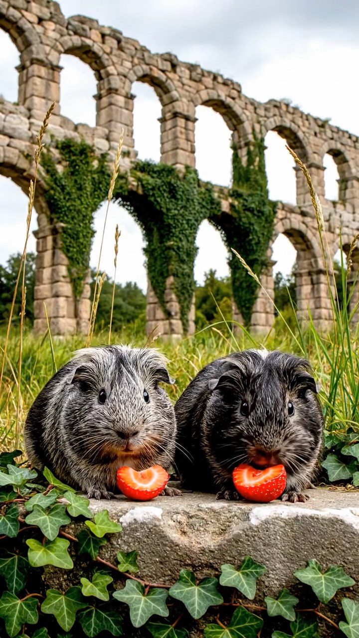 1806. Photorealistic view of 2 smooth-haired Texel guinea pigs with gray and black fur, enjoying strawberry halves, amid crumbling Roman aqueduct ruins with ivy and wild grasses.