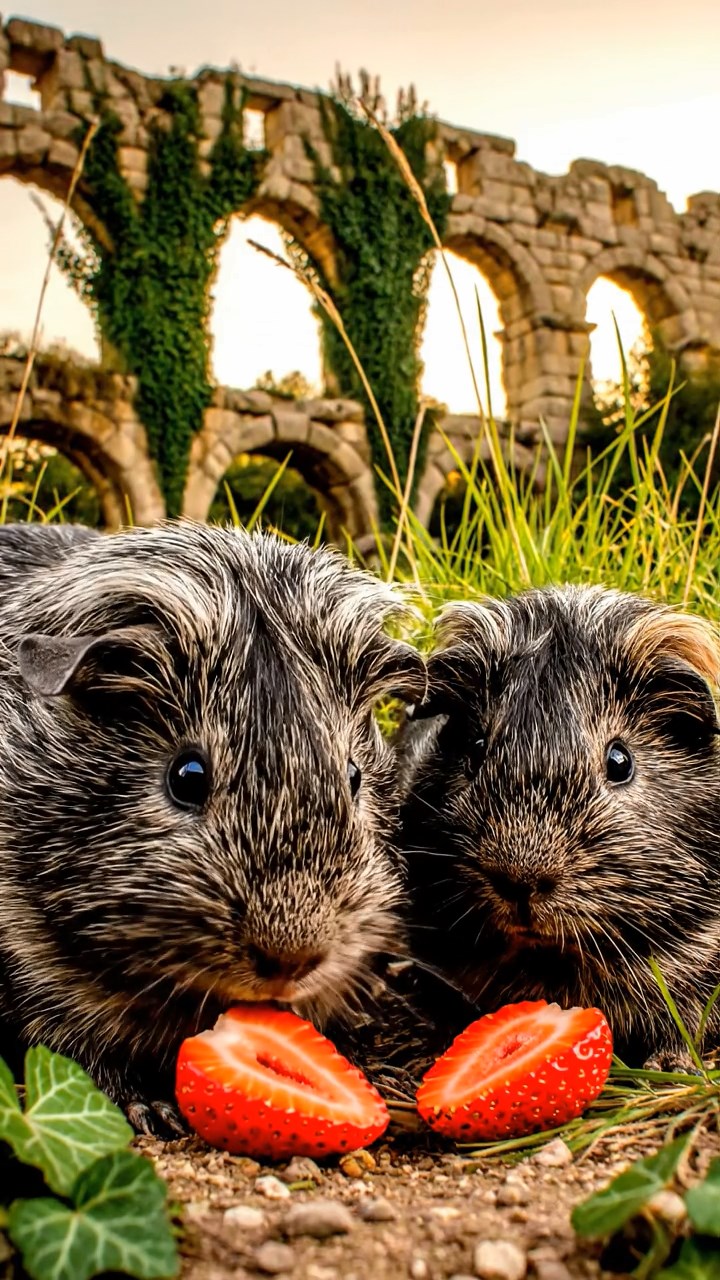 1806. Photorealistic view of 2 smooth-haired Texel guinea pigs with gray and black fur, enjoying strawberry halves, amid crumbling Roman aqueduct ruins with ivy and wild grasses.