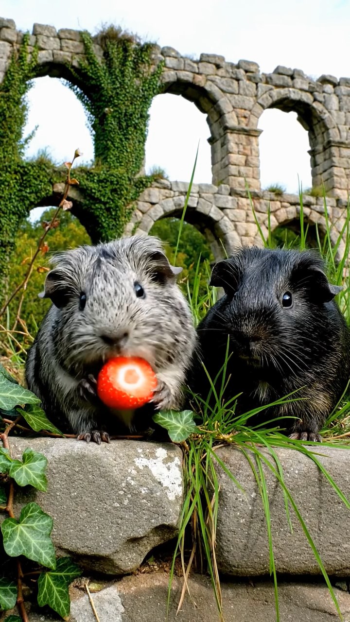 1806. Photorealistic view of 2 smooth-haired Texel guinea pigs with gray and black fur, enjoying strawberry halves, amid crumbling Roman aqueduct ruins with ivy and wild grasses.