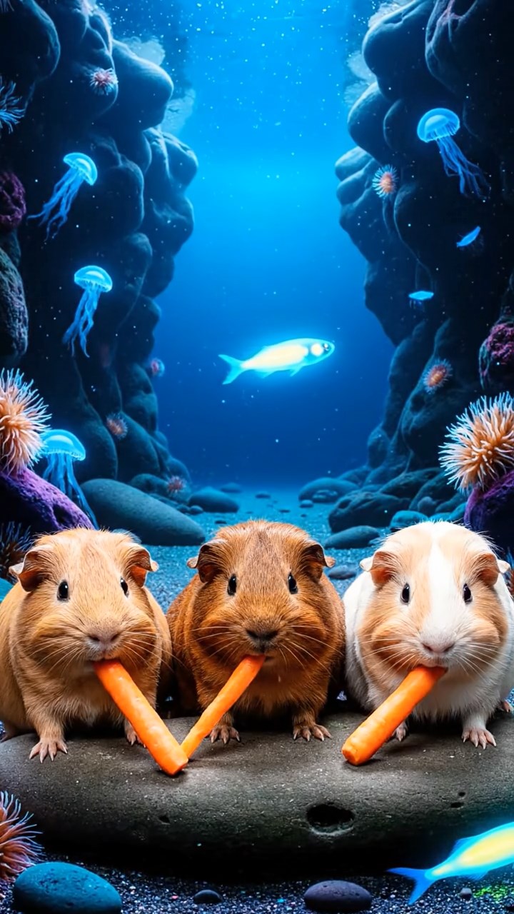 1807. Realistic image of 3 smooth-haired Rex guinea pigs featuring brown, cream, and fawn coats, munching on carrot sticks, in a deep blue ocean trench with glowing deep-sea creatures.
