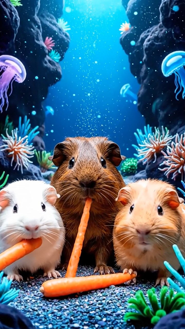 1807. Realistic image of 3 smooth-haired Rex guinea pigs featuring brown, cream, and fawn coats, munching on carrot sticks, in a deep blue ocean trench with glowing deep-sea creatures.