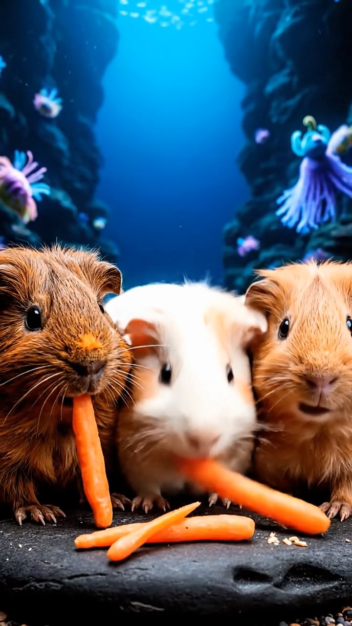 1807. Realistic image of 3 smooth-haired Rex guinea pigs featuring brown, cream, and fawn coats, munching on carrot sticks, in a deep blue ocean trench with glowing deep-sea creatures.