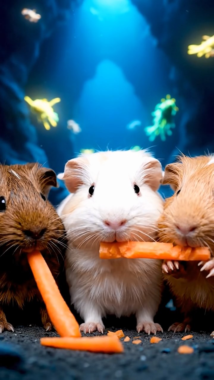 1807. Realistic image of 3 smooth-haired Rex guinea pigs featuring brown, cream, and fawn coats, munching on carrot sticks, in a deep blue ocean trench with glowing deep-sea creatures.