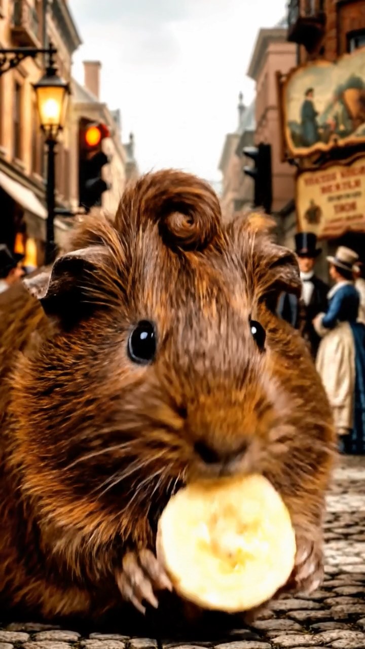 1808. Highly detailed scene of 1 smooth-haired Coronet guinea pig with chocolate fur, nibbling on banana slices, on a pedestrian-filled urban crosswalk with traffic lights and billboards.