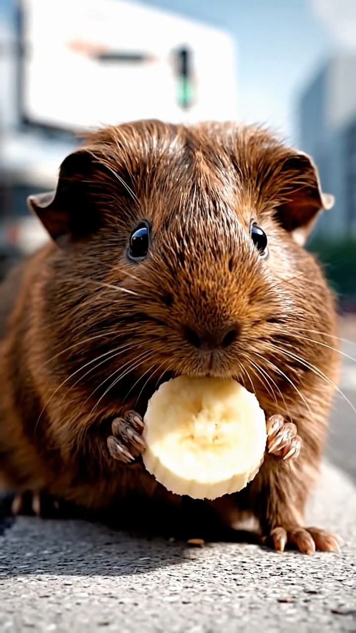 1808. Highly detailed scene of 1 smooth-haired Coronet guinea pig with chocolate fur, nibbling on banana slices, on a pedestrian-filled urban crosswalk with traffic lights and billboards.