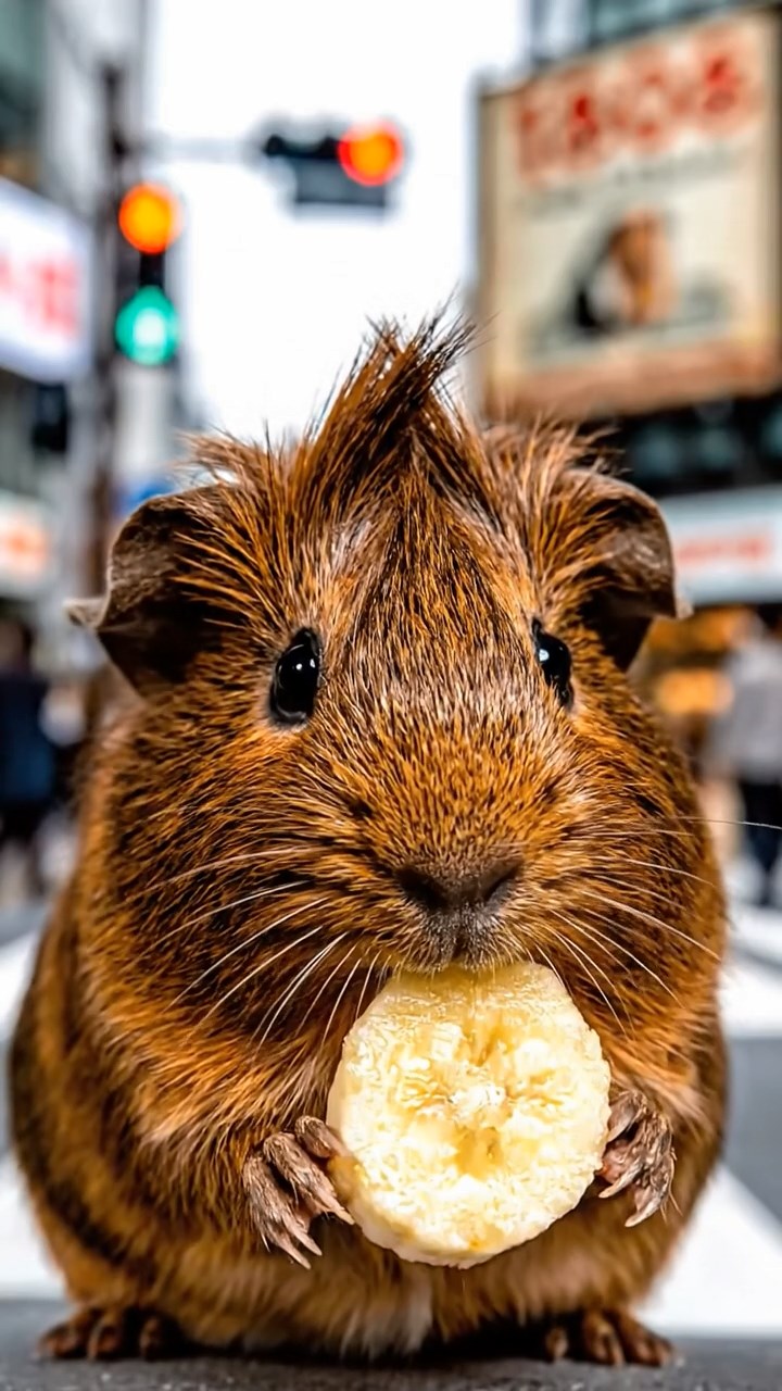 1808. Highly detailed scene of 1 smooth-haired Coronet guinea pig with chocolate fur, nibbling on banana slices, on a pedestrian-filled urban crosswalk with traffic lights and billboards.