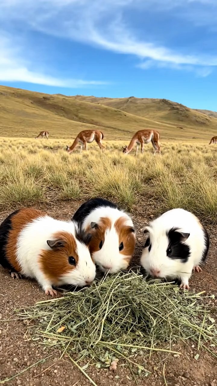 1809. Photorealistic photo of 4 smooth-haired White Crested guinea pigs with cinnamon, sable, and white fur, eating alfalfa hay, in a windswept Patagonian steppe with guanacos grazing.