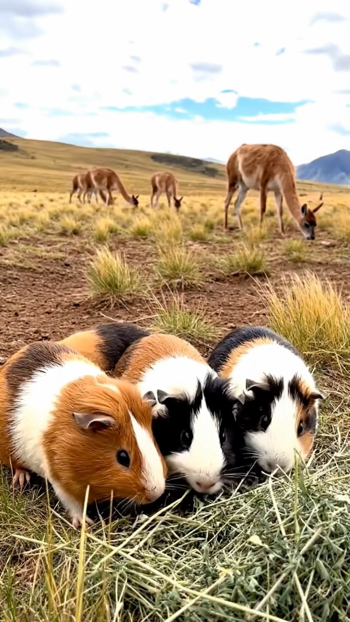 1809. Photorealistic photo of 4 smooth-haired White Crested guinea pigs with cinnamon, sable, and white fur, eating alfalfa hay, in a windswept Patagonian steppe with guanacos grazing.