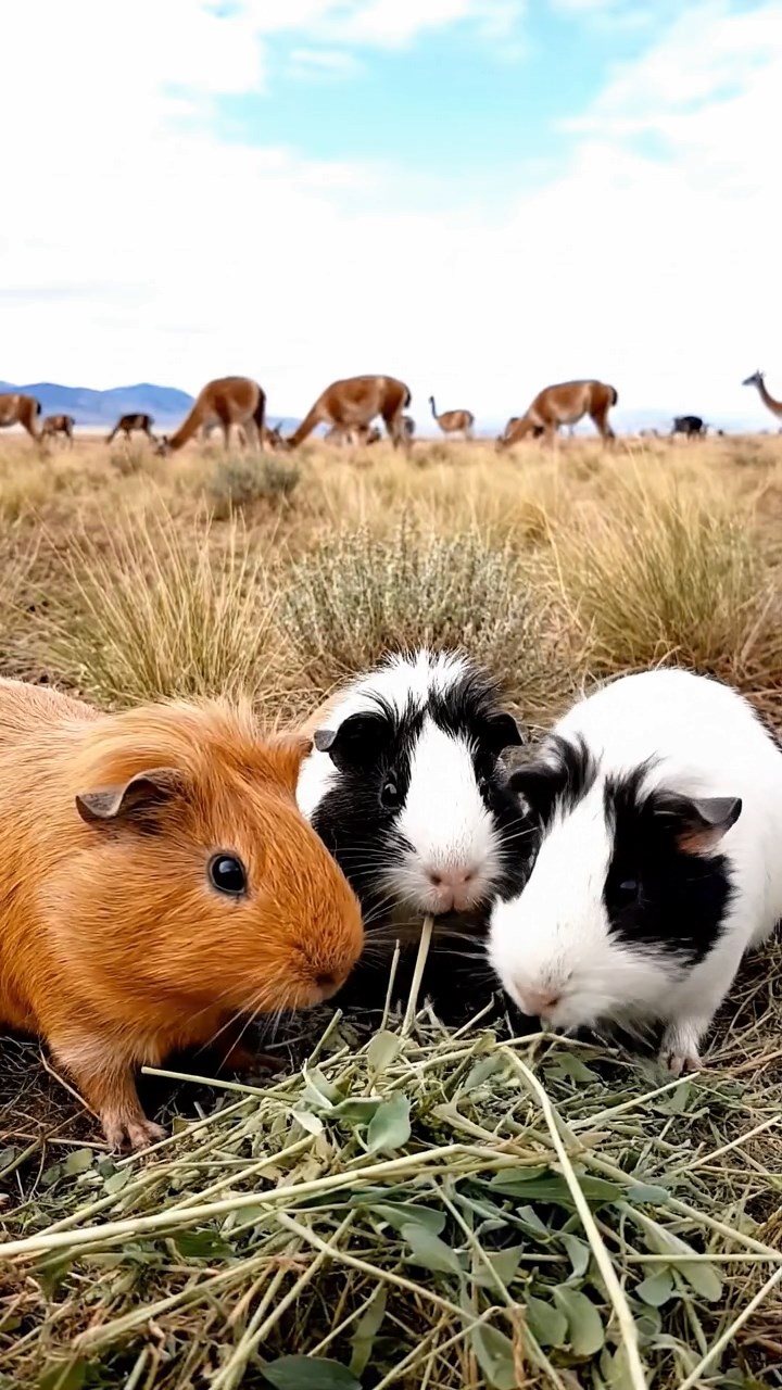 1809. Photorealistic photo of 4 smooth-haired White Crested guinea pigs with cinnamon, sable, and white fur, eating alfalfa hay, in a windswept Patagonian steppe with guanacos grazing.