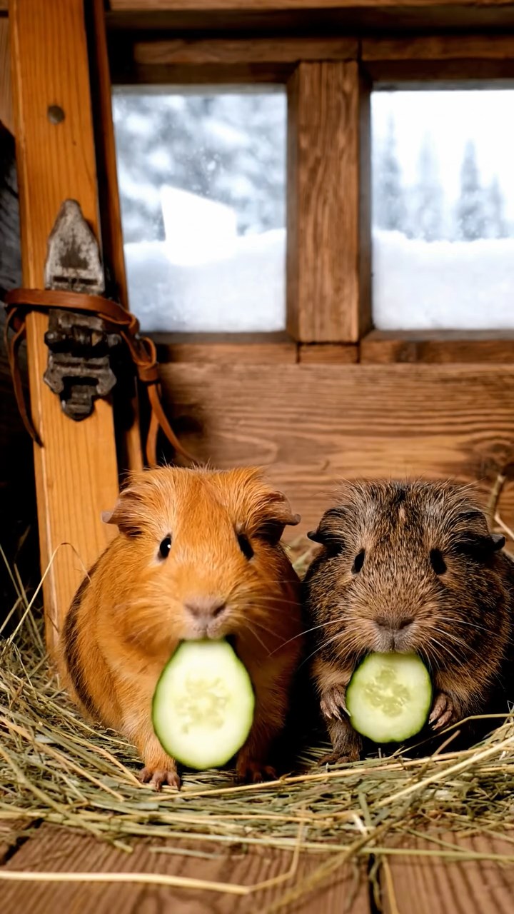 1810. Realistic depiction of 2 smooth-haired Skinny guinea pigs in orange and gray colors, chewing on cucumber slices, inside a rustic ski hut with wooden skis and snowy windows.